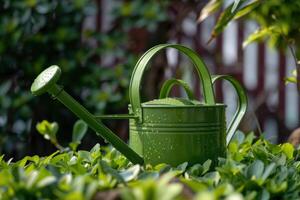 Green watering can resting on lush foliage in a garden during daylight photo