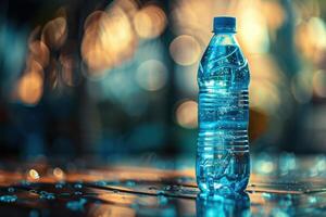 Clear plastic water bottle with droplets on a reflective surface during evening light photo
