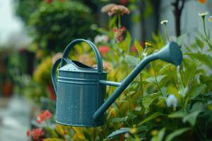 A teal watering can rests among vibrant flowers after a refreshing rain in a garden setting during spring photo