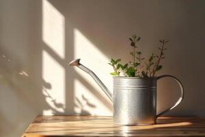 A metal watering can with plants sits on a wooden table, illuminated by soft sunlight casting shadows on the wall photo