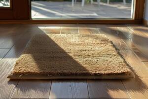 Soft, tan carpet mat positioned on wooden floor with sunlight filtering through glass doors in a serene indoor space photo