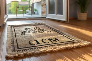 Woven mat with intricate design placed on hardwood floor inside a bright living space with natural light in the afternoon photo