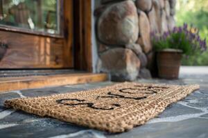 Welcome mat at a rustic stone entrance with potted plants during the afternoon photo