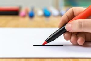 Hand holding a red marker above a blank sheet of paper on a wooden surface photo