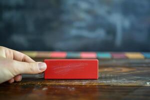 A hand pushing a red block across a wooden surface in a classroom with colorful markers in the background photo