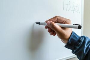 A hand writing on a whiteboard with a marker in a classroom setting during a learning session photo