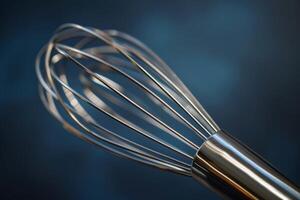 Close-up of a stainless steel whisk on a dark background photo