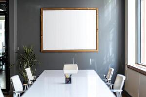 Modern conference room with a large whiteboard, sleek chairs, and natural light illuminating the workspace photo