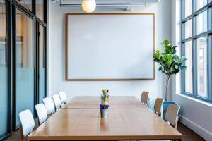 Modern conference room with large whiteboard and potted plant during the day photo