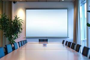 Meeting room with a long table and a large projector screen in a modern office environment photo