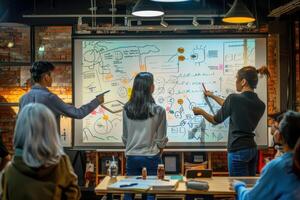 Group brainstorming session in a modern workspace with visuals on a digital whiteboard photo