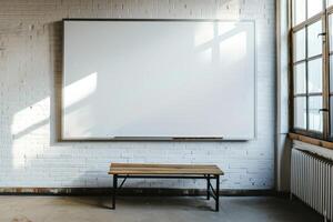 Bright classroom with empty whiteboard and wooden bench in a sunny educational space photo