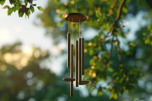 Wind chimes swaying gently in the evening breeze among lush green leaves photo