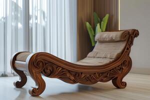 Elegant wooden chaise lounge with intricate carvings in a modern living room setting photo