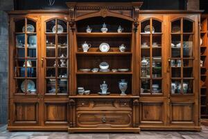 Elegant wooden display cabinet showcasing fine porcelain pottery in a well-lit interior setting photo