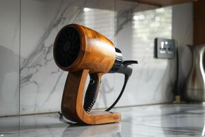 Wooden hair dryer displayed on a kitchen countertop with modern appliances in the background photo