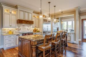 Modern kitchen with wooden island and pendant lighting in a spacious home photo