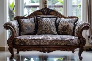 Elegant vintage sofa with intricate design and decorative cushions in a bright living room photo