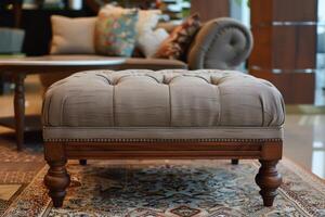 Elegant tufted ottoman in a modern living room setting with decorative pillows and a warm atmosphere photo