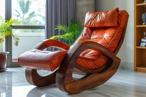 Stylish leather reclining chair in modern living room with natural light and indoor plants photo