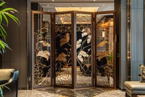 Elegant decorative folding screen in a modern interior setting with floral patterns photo