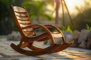 Sunny afternoon rocking chair on a patio surrounded by greenery photo