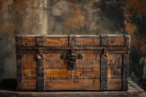 An antique wooden chest with metal fittings placed on a rustic wooden table against a weathered wall photo