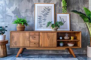 Modern wooden sideboard with plants and artwork in a contemporary living room setting photo