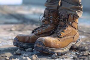 Brown work boots standing on a construction site with gravel and dust around during daylight photo