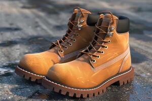 Brown work boots on a wet surface reflecting light in a casual outdoor setting photo