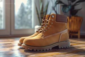 Stylish tan hiking boots on wooden floor indoors with natural light and modern decor photo