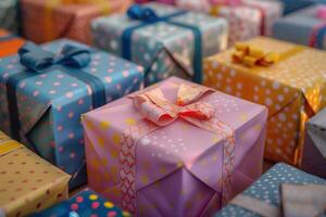 Colorful gift boxes with decorative bows arranged for a celebration photo