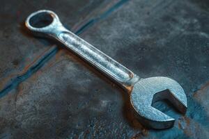Close-up of a shiny metal adjustable wrench resting on a textured surface in a workshop setting during the late afternoon photo