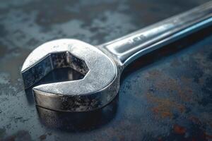 Close-up of a shiny adjustable wrench on a weathered metal surface photo