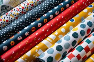 Colorful fabric rolls with diverse patterns displayed on a crafting table in bright lighting photo