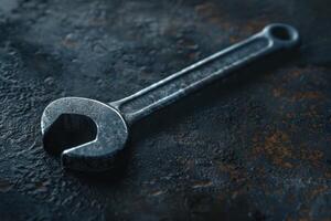 A close-up view of a metallic adjustable wrench resting on a textured surface in a workshop setting photo