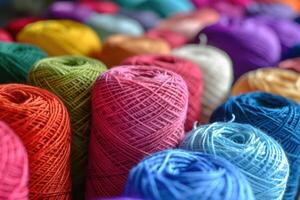 Colorful assortment of yarn spools arranged neatly in a crafting space for knitting and crochet activities photo