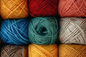 Colorful yarn balls arranged in a grid pattern, showcasing various textures and hues photo