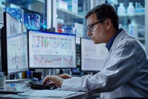 Scientist analyzing data in a modern laboratory during daytime research hours photo