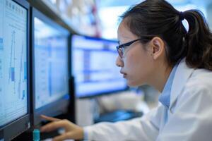 A researcher analyzes data on multiple computer screens in a laboratory setting during the daytime photo