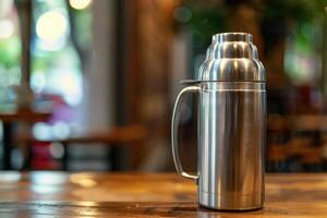 Stainless steel thermos placed on a wooden table in a cozy cafe setting during the day photo