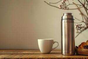 A stainless steel thermos next to a white cup on a wooden table with flowers in the background photo