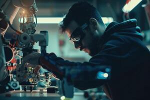 Skilled technician working on advanced machinery in a modern workshop during evening hours photo