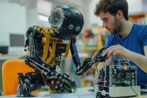 A researcher builds a humanoid robot in a modern lab setting during afternoon hours photo