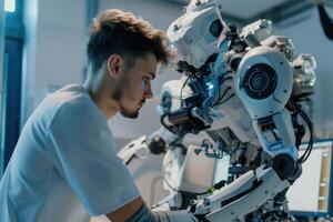Young engineer working closely with a humanoid robot in a modern tech lab during daytime hours photo