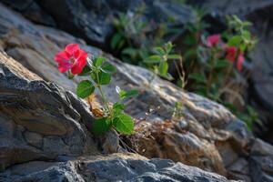 Bright pink flower flourishing among rugged rocks in a natural landscape under sunlight photo