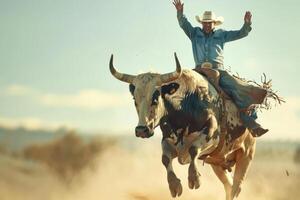 Cowboy rides a bucking bull during a rodeo event in the countryside at sunset photo