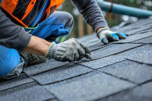A worker carefully installs shingles on a residential roof during daylight hours photo