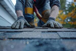 Man repairing a residential roof while wearing gloves and climbing on shingles in autumn scenery photo