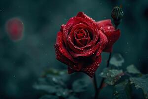 A close-up of a red rose glistening with dew against a dark background in a tranquil garden photo